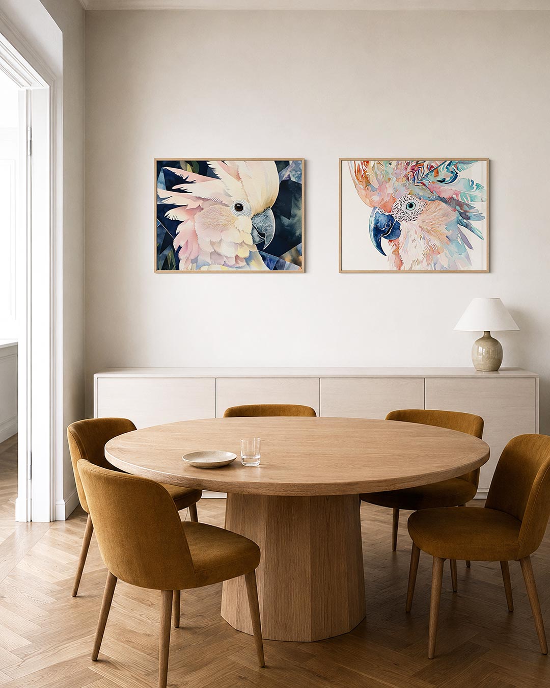 Tweedelige posterset met zachte pasteltinten en scherpe contrasten, getoond in een interieur