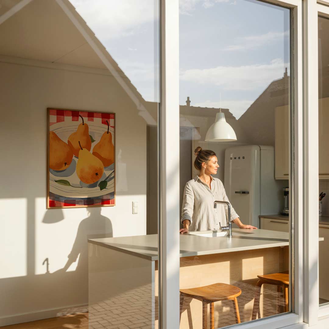 Sfeervolle Perziken op Rood-Wit Tafellaken Poster-WallArtistic