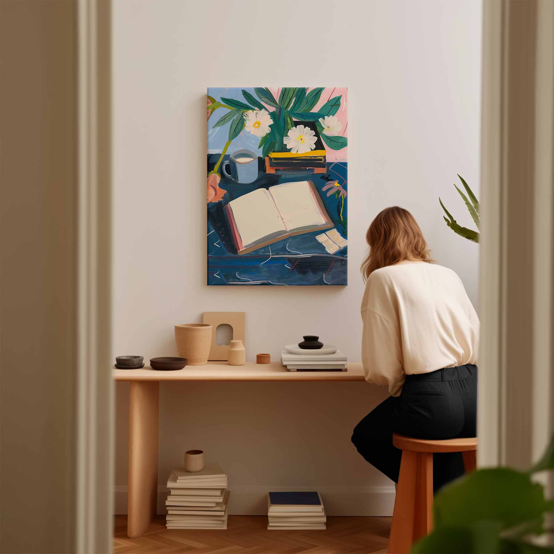 Stilleven met Bloemen en Boek Kunstwerk-canvas-dibond-plexiglas-wanddecoratie-WallArtistic
