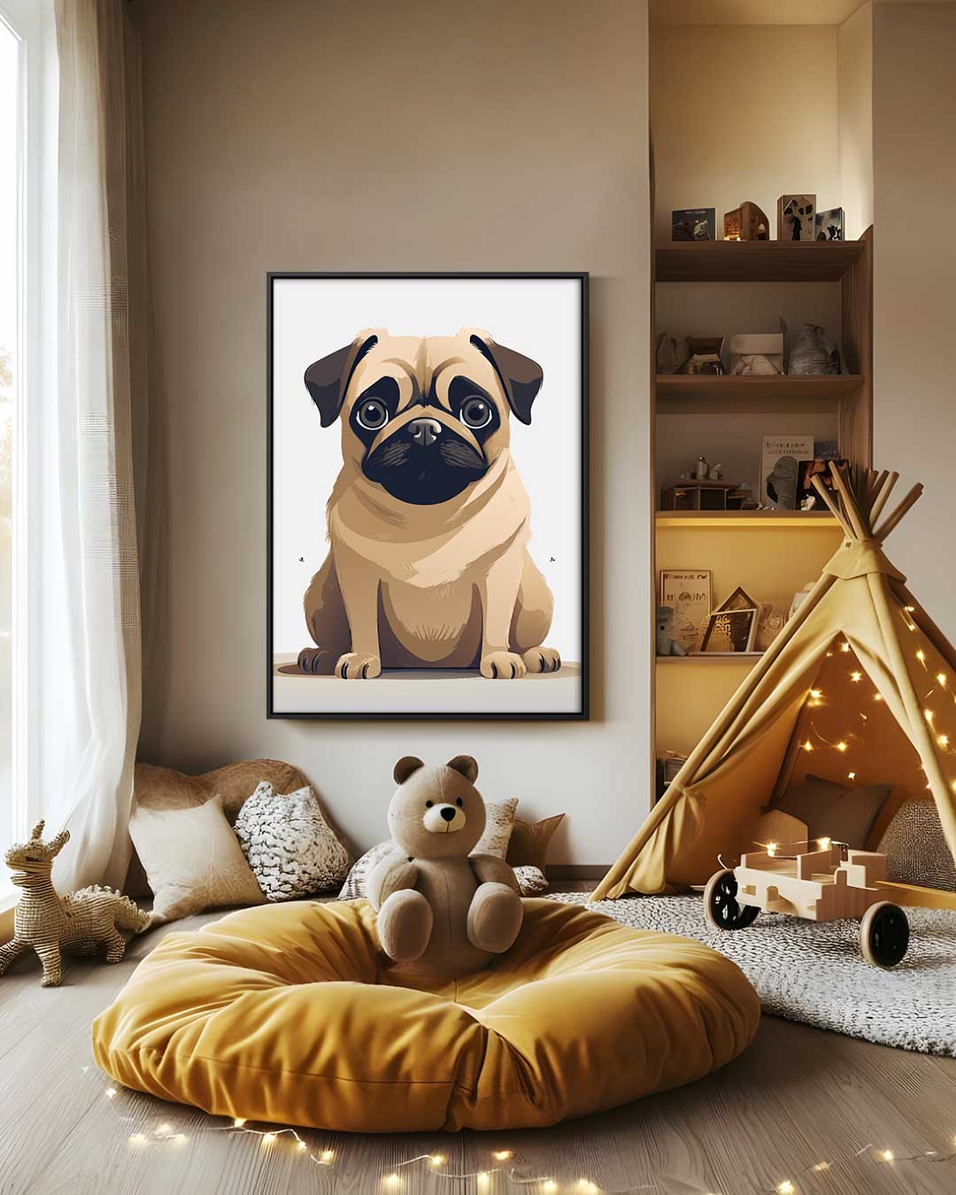 Schattige Mopshond Illustratie Kunstwerk-canvas-dibond-plexiglas-wanddecoratie-WallArtistic