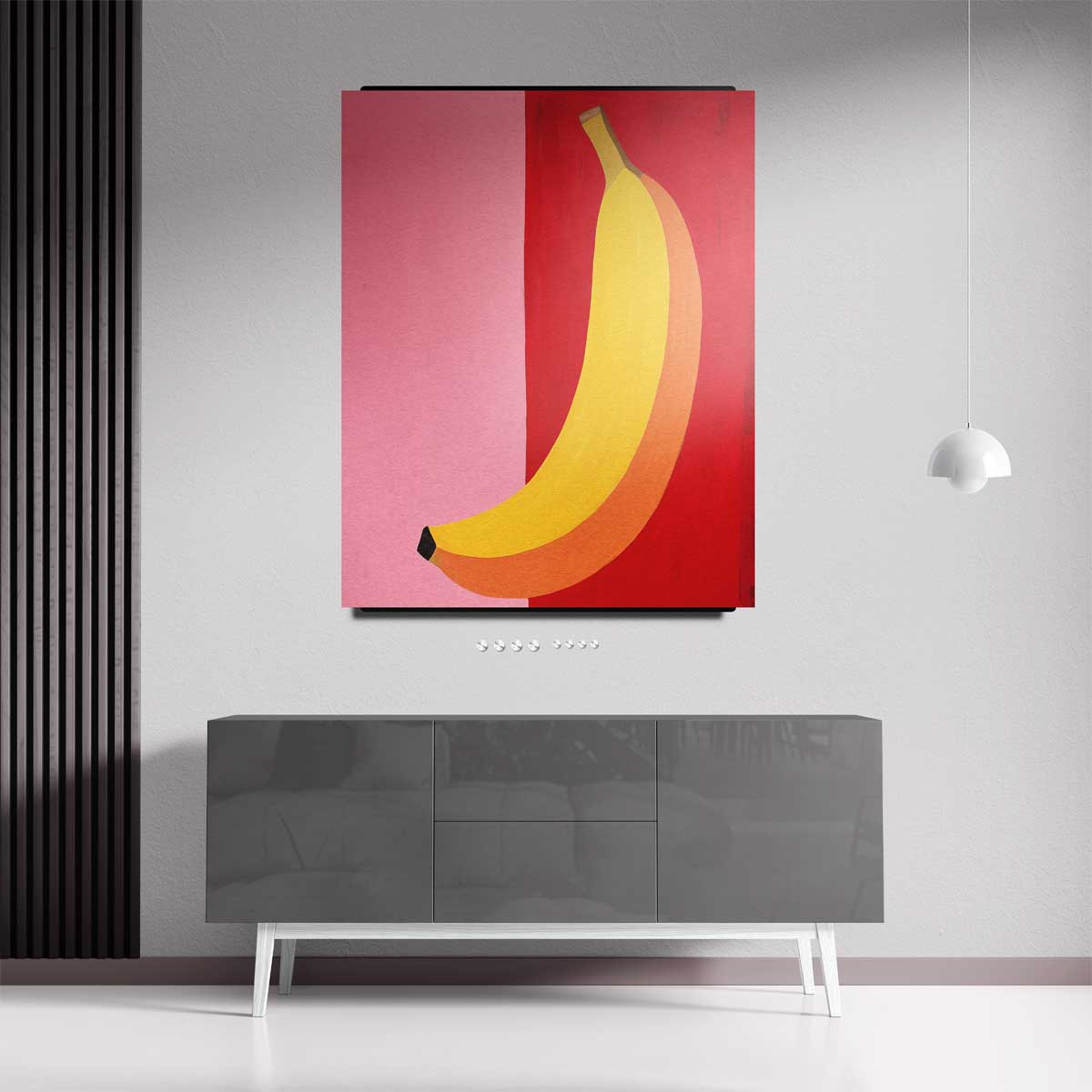 Kleurrijke Banaan op Roze en Rood Kunstwerk-canvas-dibond-plexiglas-wanddecoratie-WallArtistic