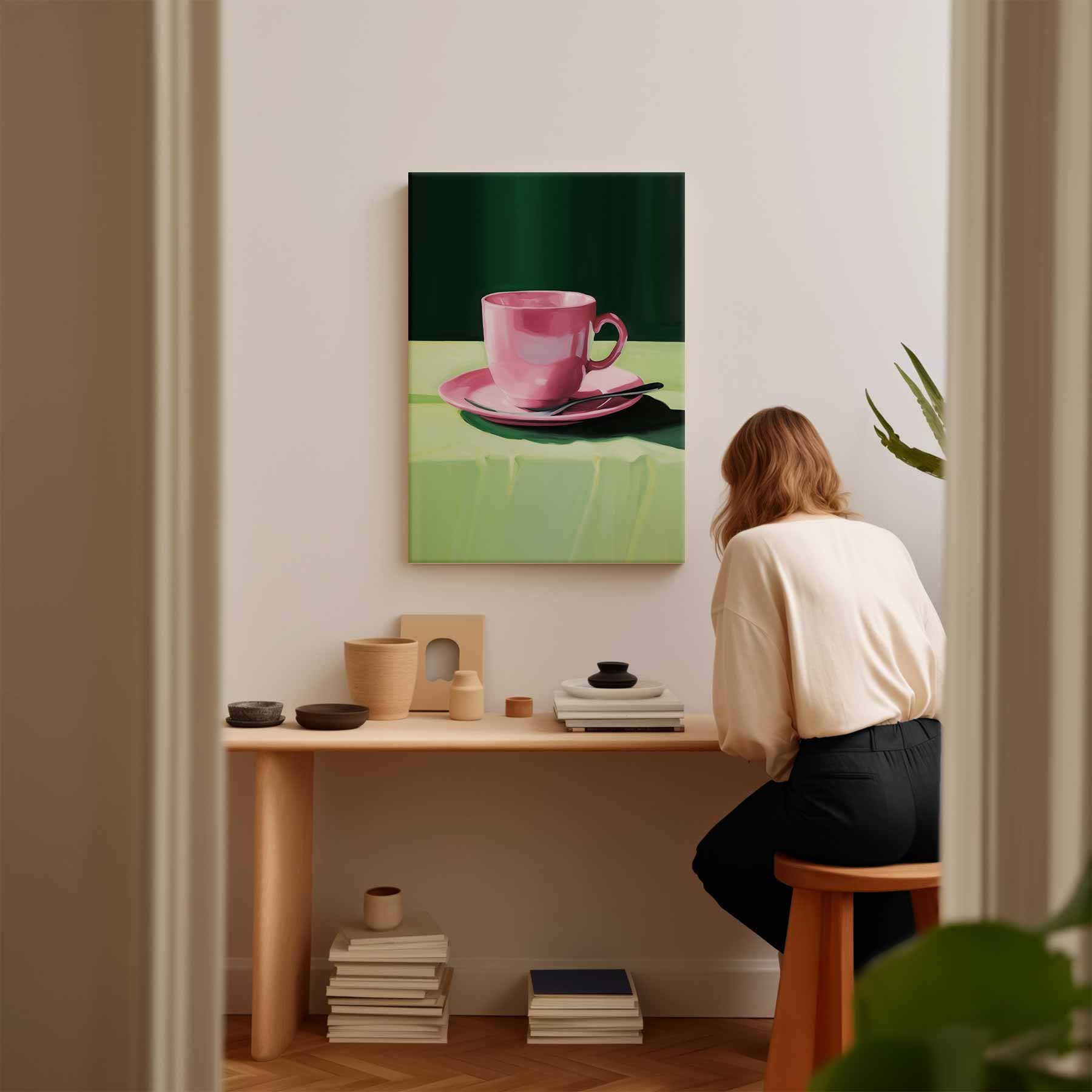 Roze Kopje op Groen Tafellaken Kunstwerk-canvas-dibond-plexiglas-wanddecoratie-WallArtistic