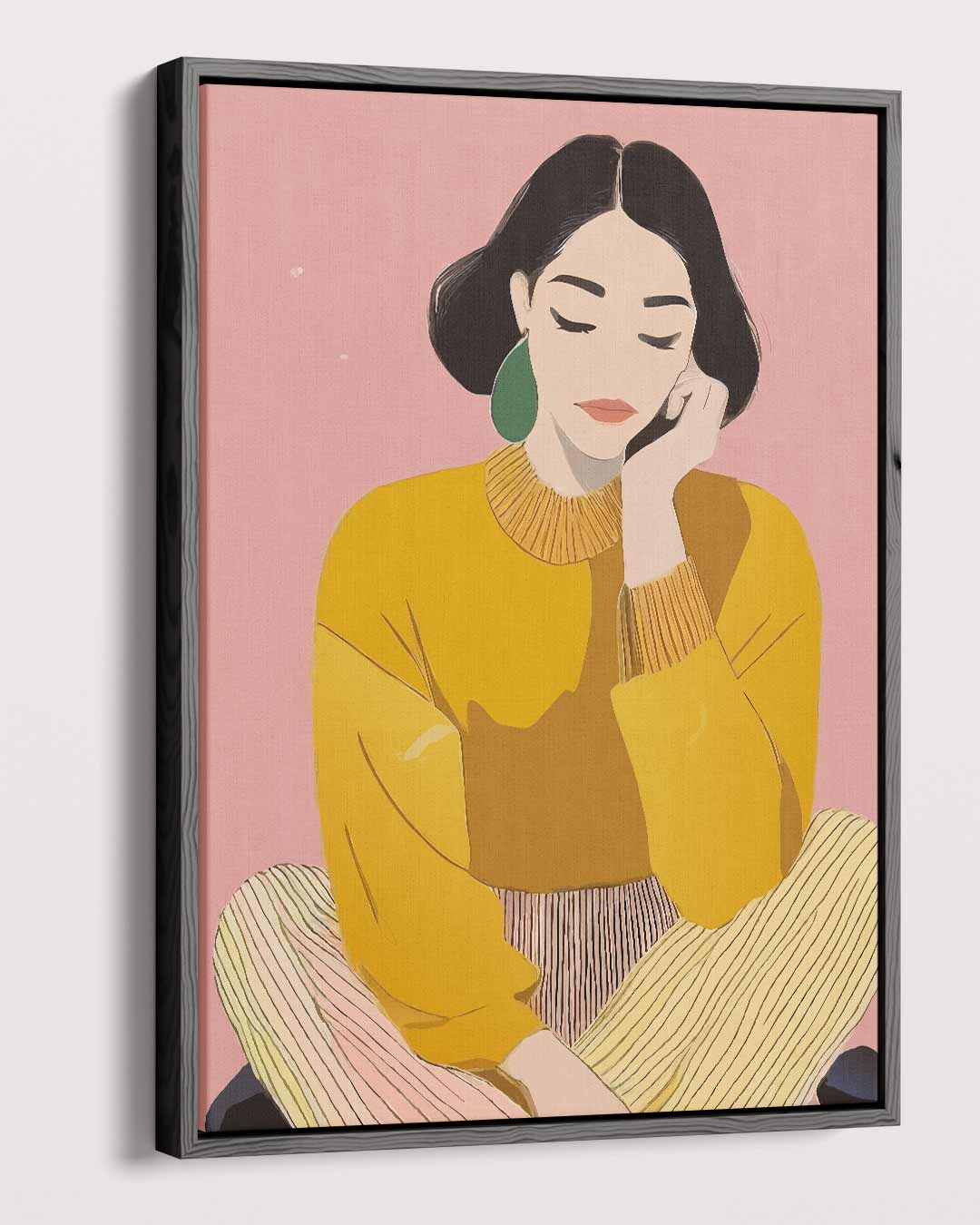 Dromerige Vrouw in Gele Trui Kunstwerk-canvas-dibond-plexiglas-wanddecoratie-WallArtistic