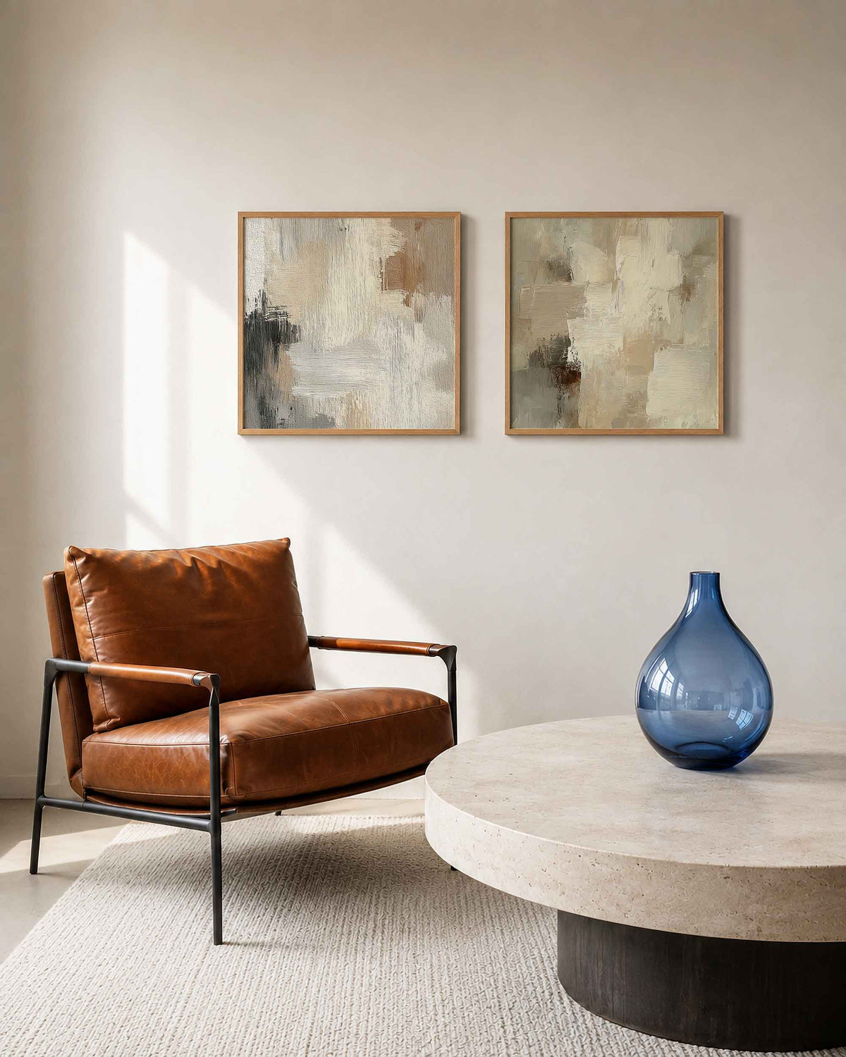 Interieurpresentatie van een tweedelige vierkante posterset met lichte penseelstreken