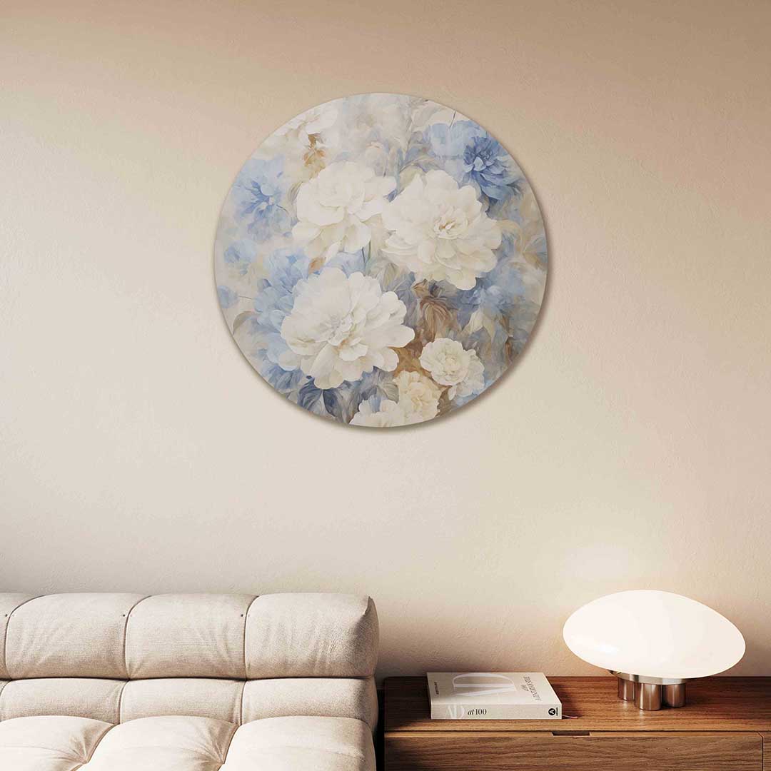 Bloemen in blauw en beige Muurcirkel