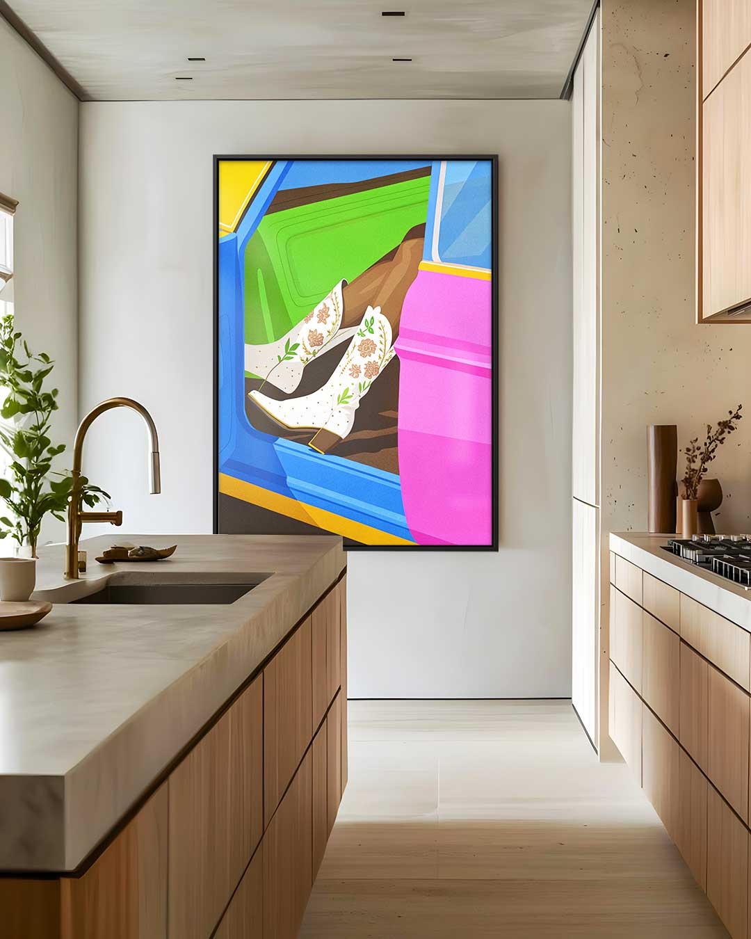 Kleurrijke Cowboylaarzen in Stijlvolle Auto Kunstwerk-canvas-dibond-plexiglas-wanddecoratie-WallArtistic