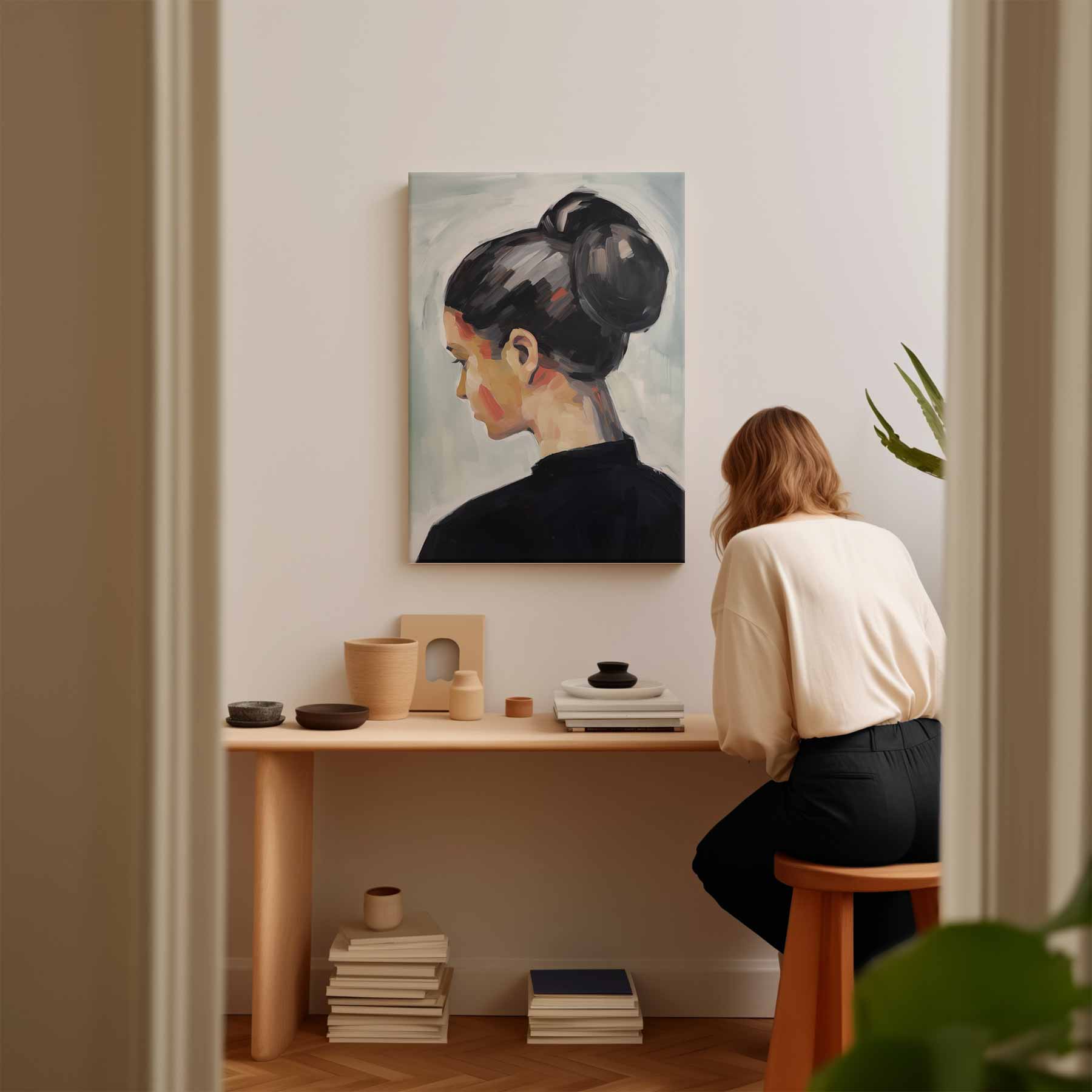 Vrouwelijke Elegantie in Stille Reflectie Kunstwerk-canvas-dibond-plexiglas-wanddecoratie-WallArtistic