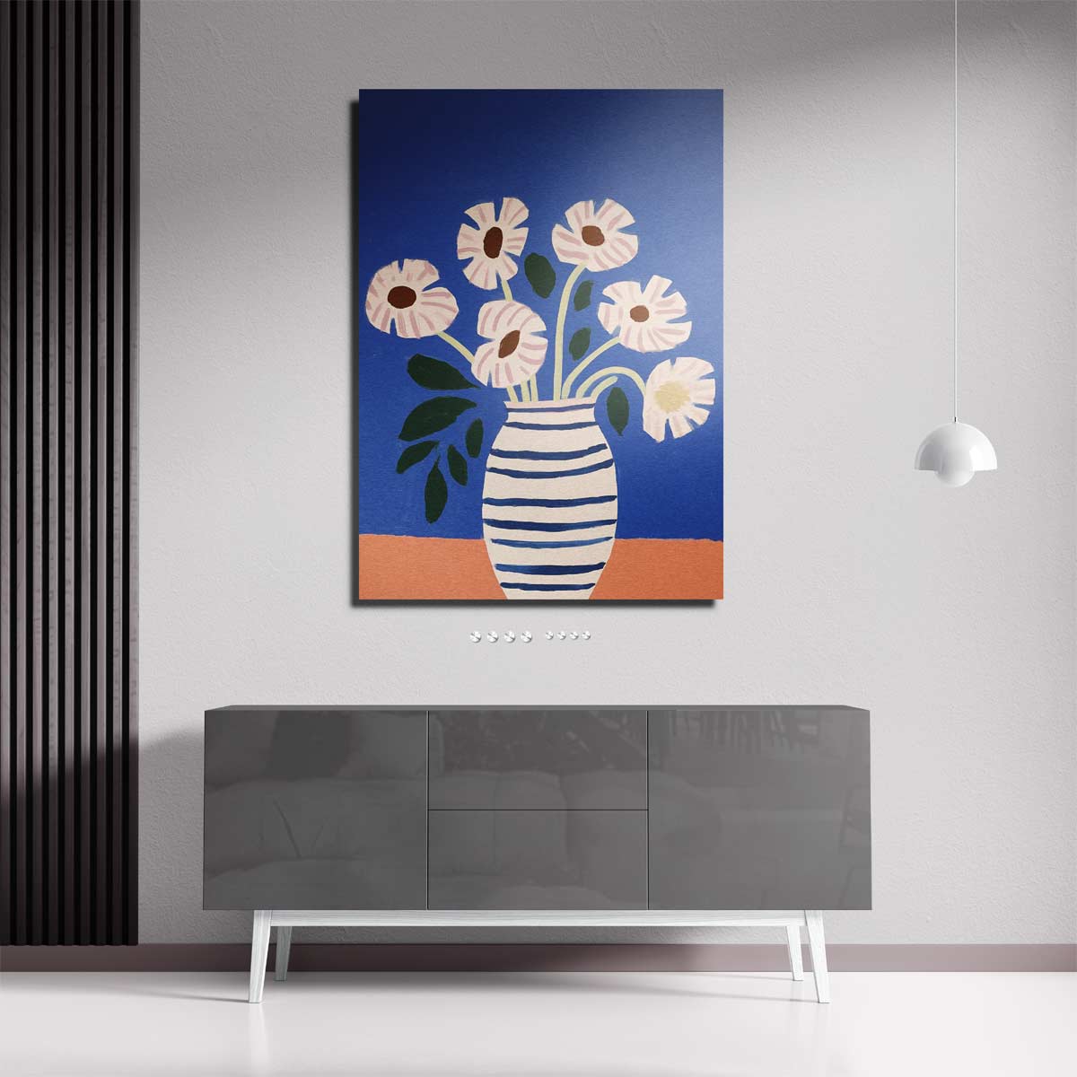 Stralende Bloemen in Gestreepte Vaas Kunstwerk-canvas-dibond-plexiglas-wanddecoratie-WallArtistic