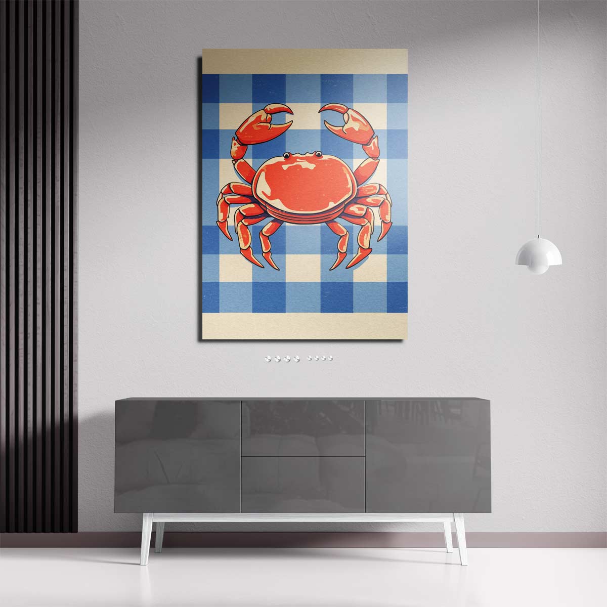 Vrolijke Krab op Blauw-Wit Patroon Kunstwerk-canvas-dibond-plexiglas-wanddecoratie-WallArtistic