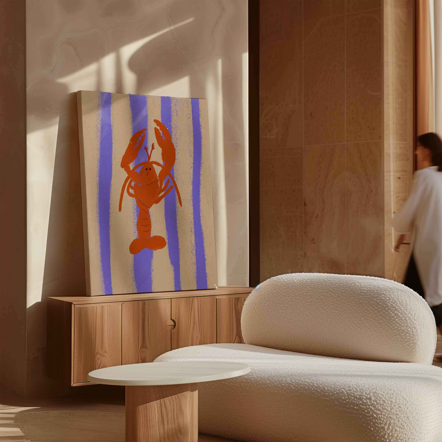 Dansende Kreeft op Streepjesachtergrond Kunstwerk-canvas-dibond-plexiglas-wanddecoratie-WallArtistic