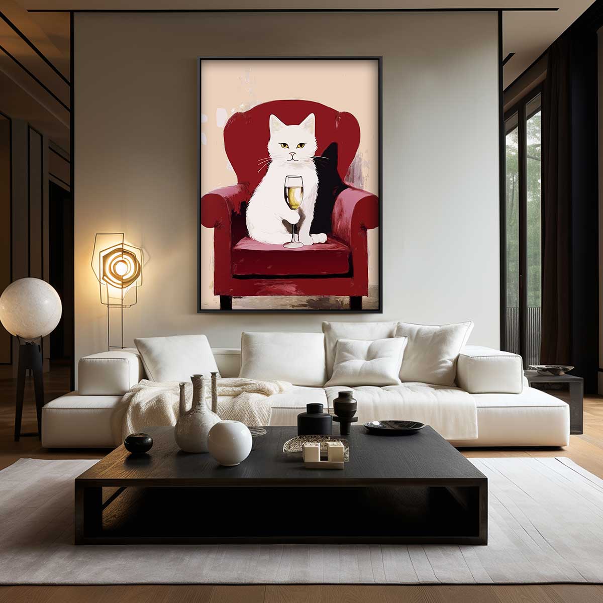 Luxe Kat met Wijn op Rood Stoel Kunstwerk-canvas-dibond-plexiglas-wanddecoratie-WallArtistic