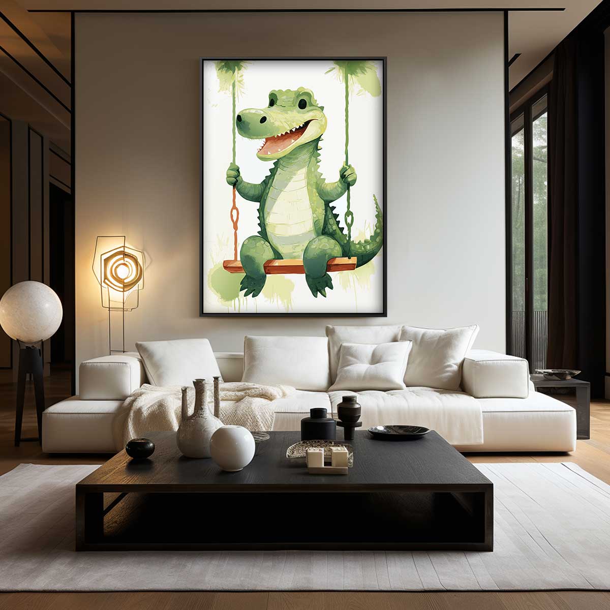 Vrolijke Krokodil op de Schommel Kunstwerk-canvas-dibond-plexiglas-wanddecoratie-WallArtistic