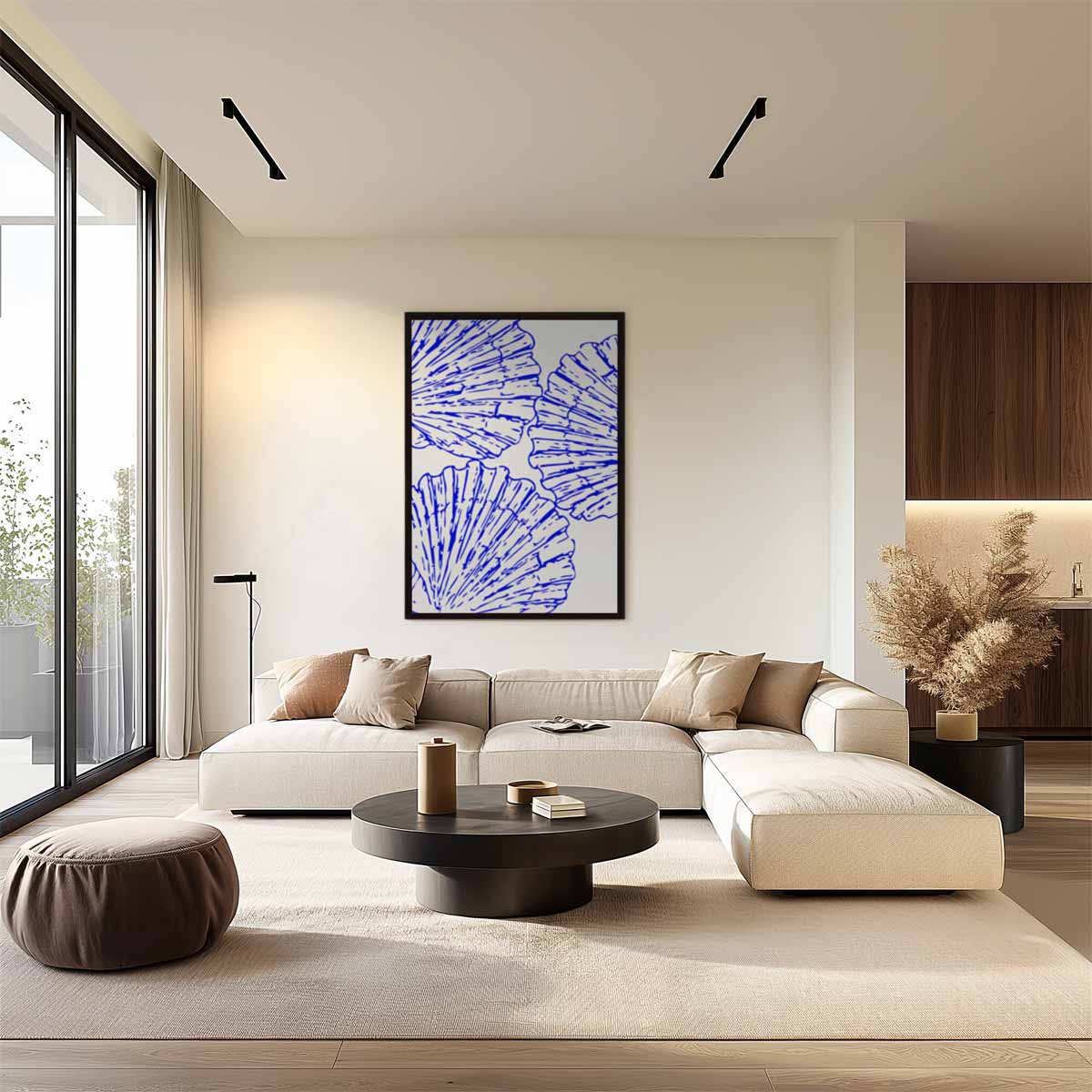 Blauwe schelpenpatroon Kunstwerk-canvas-dibond-plexiglas-wanddecoratie-WallArtistic