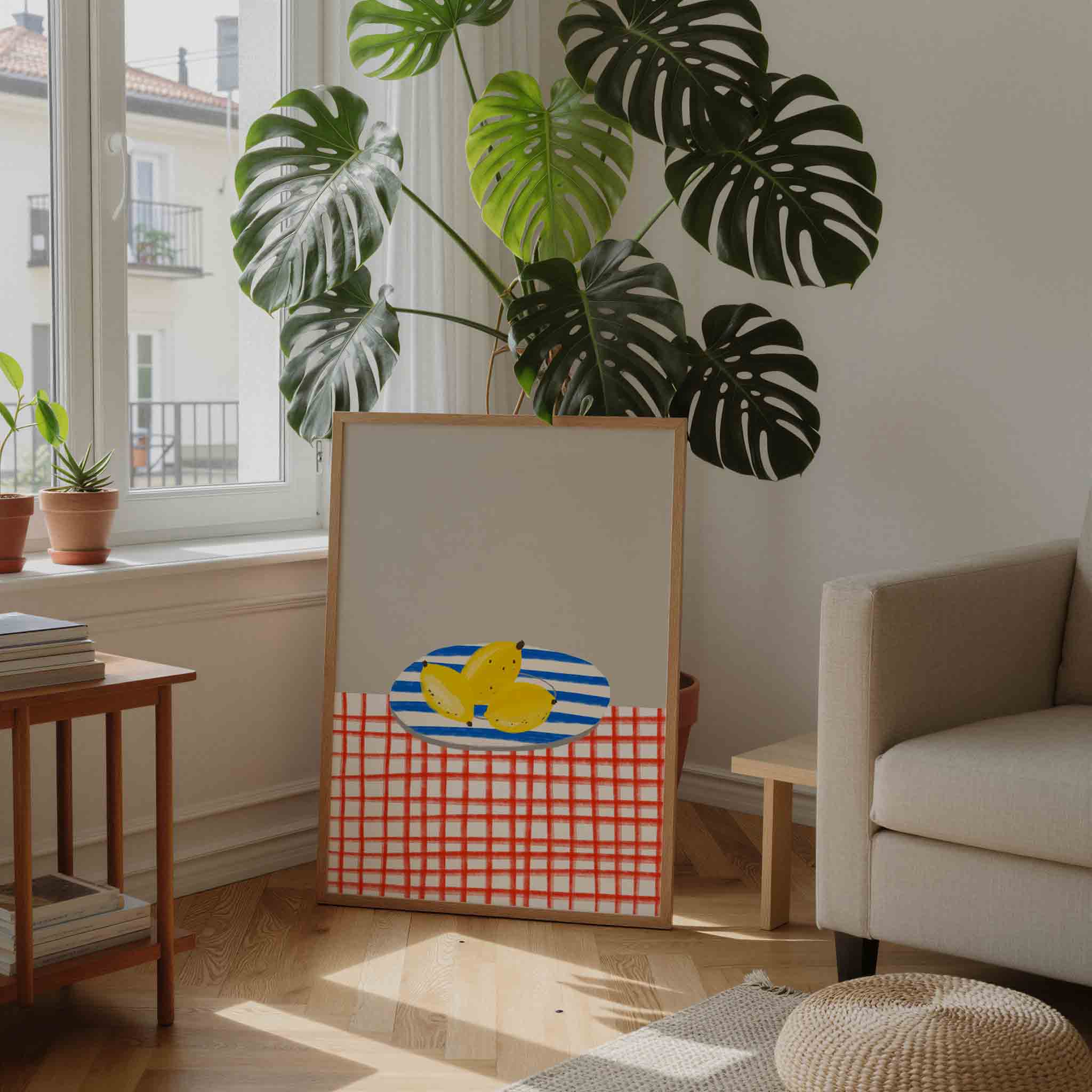 Bananen op gestreept bord Poster