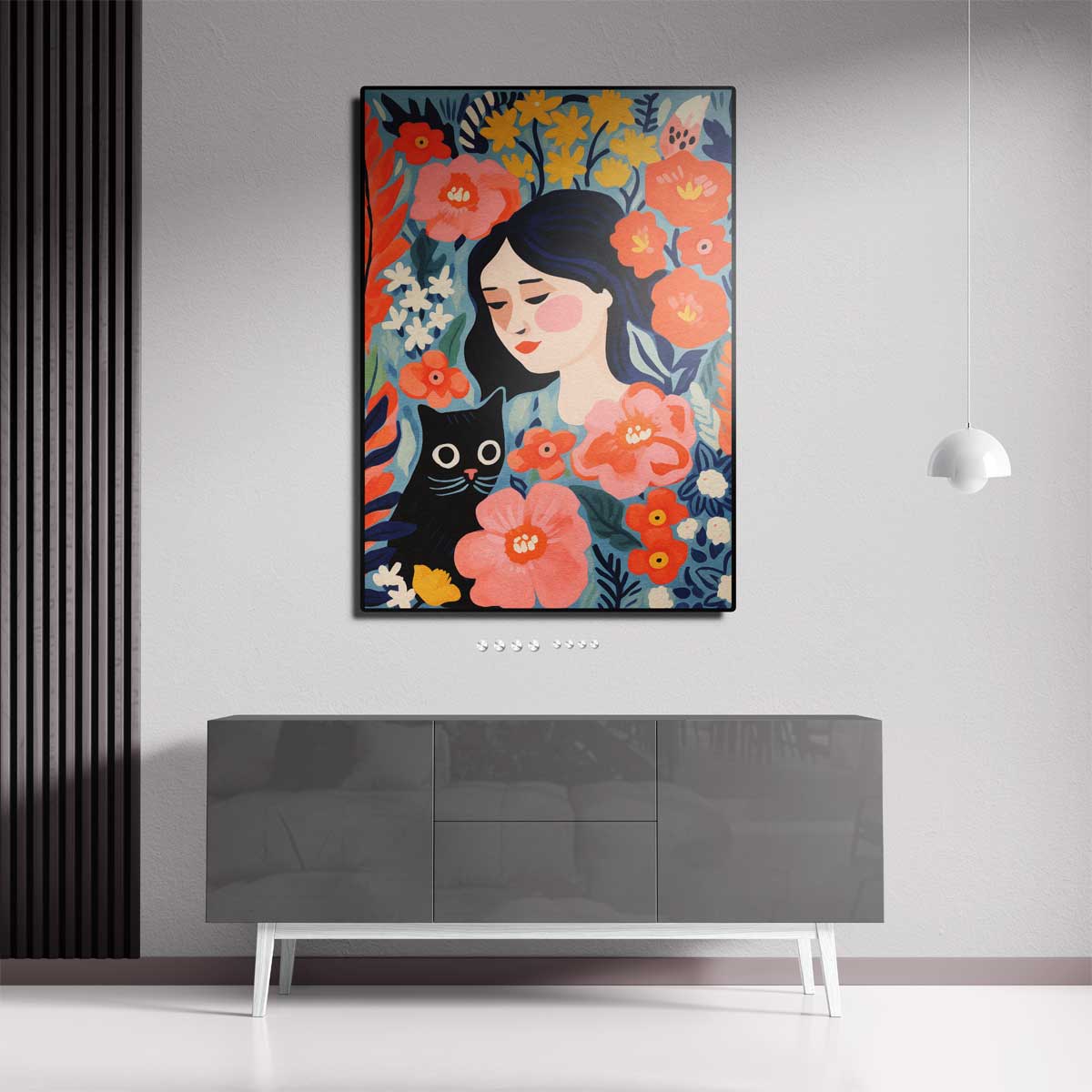 Bloemendroom met Kat Kunstwerk-canvas-dibond-plexiglas-wanddecoratie-WallArtistic
