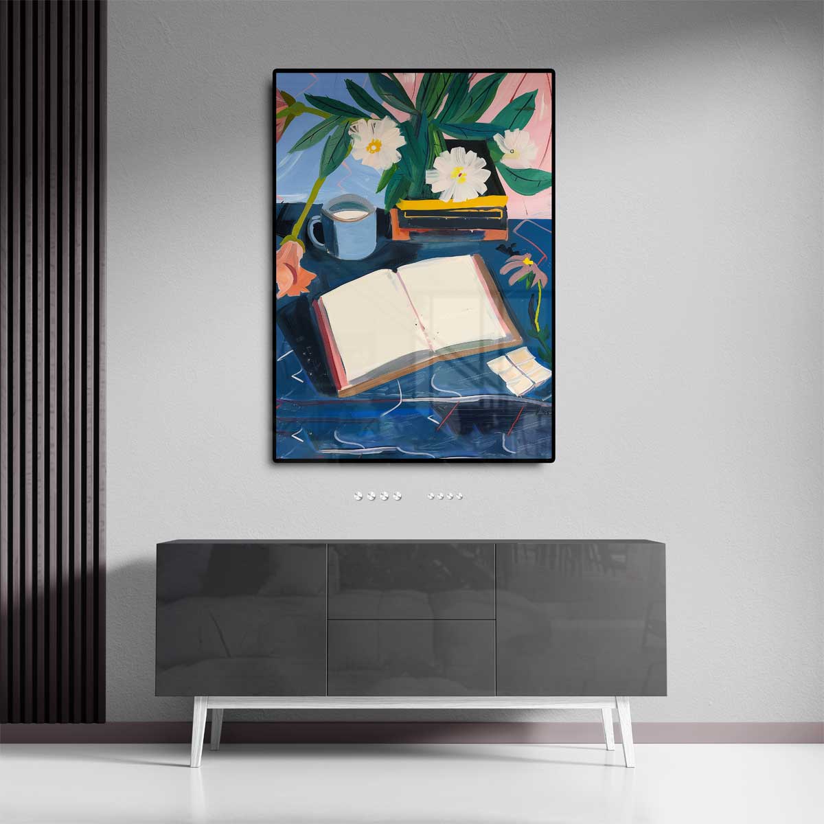 Stilleven met Bloemen en Boek Kunstwerk-canvas-dibond-plexiglas-wanddecoratie-WallArtistic
