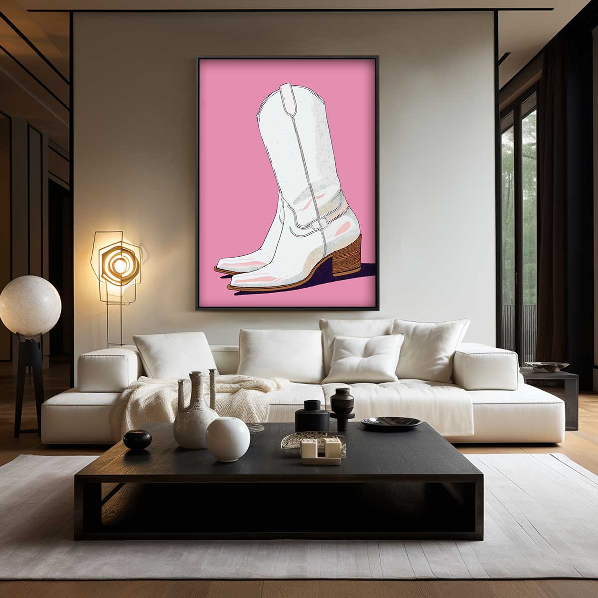 Witte Cowboylaarzen op Roze Achtergrond Kunstwerk-canvas-dibond-plexiglas-wanddecoratie-WallArtistic