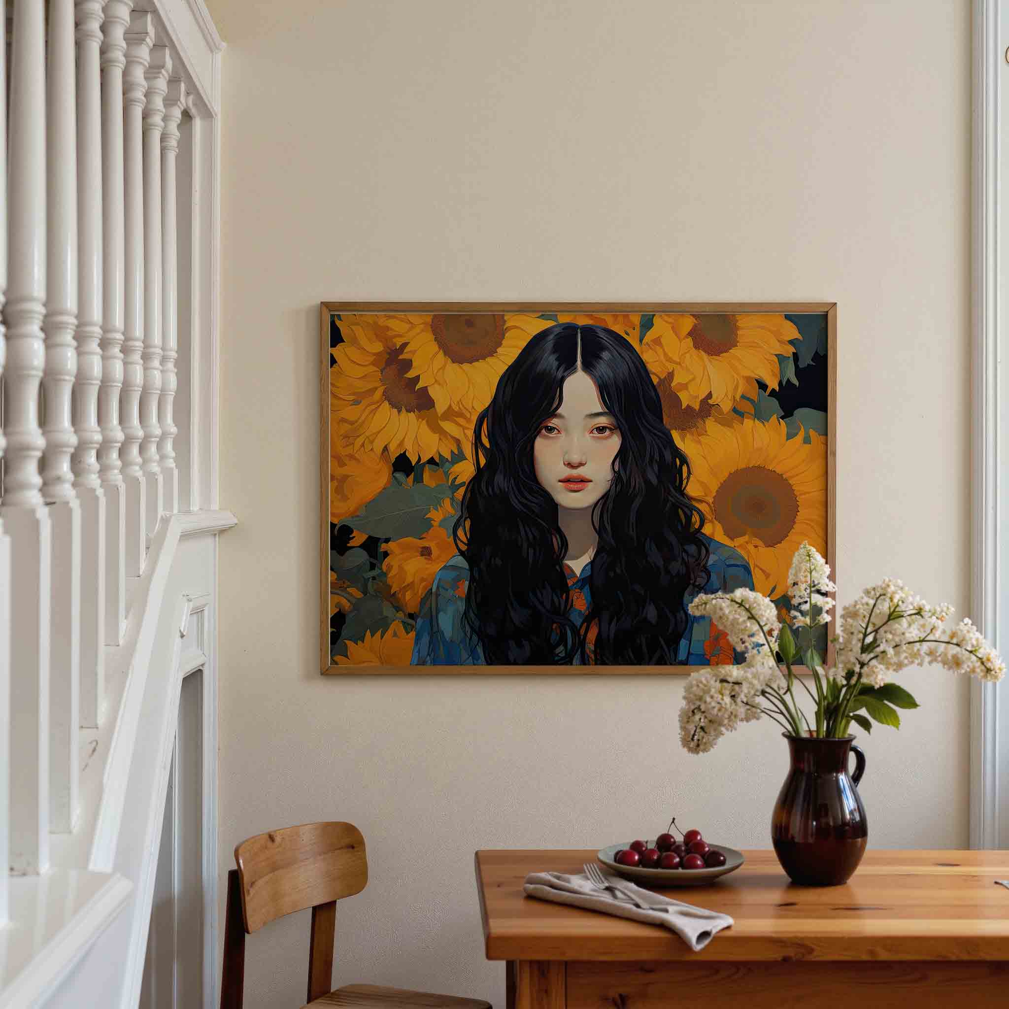 Vrouw met zonnebloemen Poster