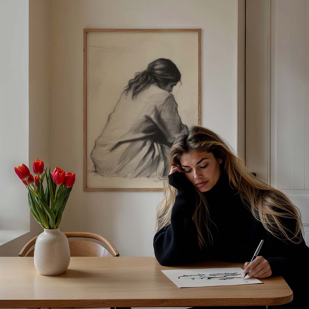 Elegante Zwart-wit Schets van Vrouw Poster-WallArtistic