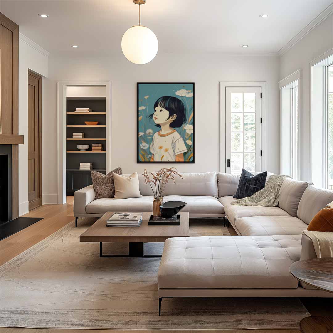 Dromerig Kind in Bloementuin Kunstwerk-canvas-dibond-plexiglas-wanddecoratie-WallArtistic