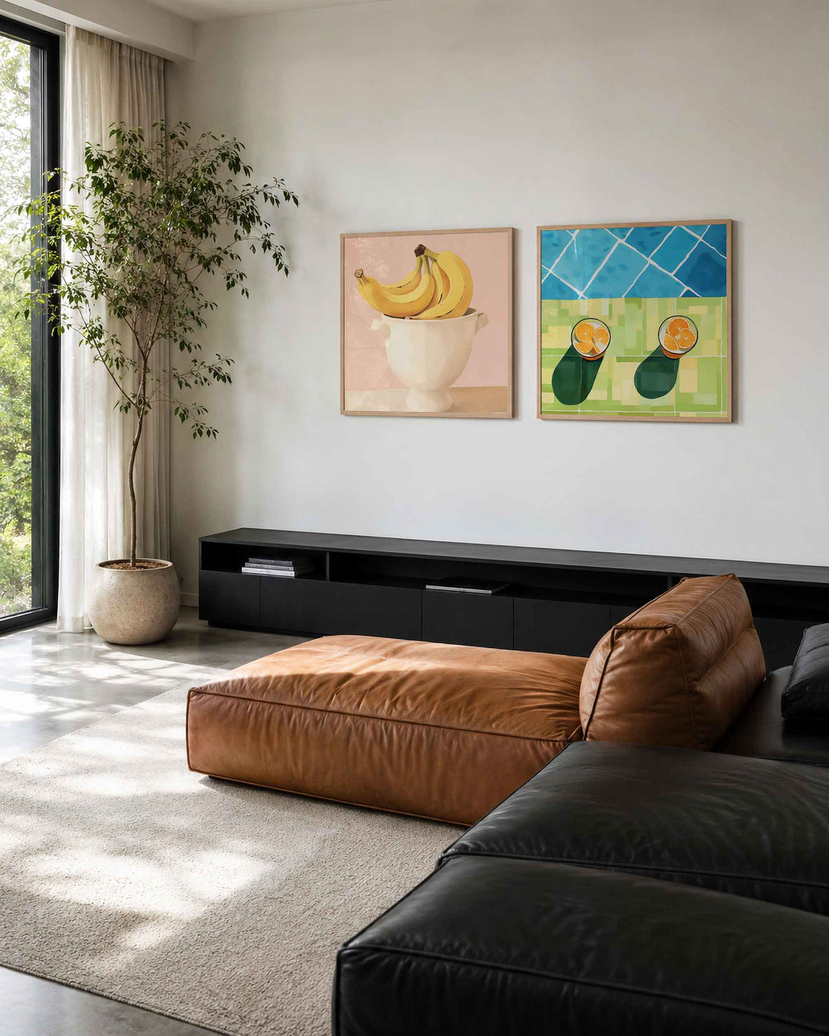 Interieurpresentatie van een tweedelige vierkante posterset met fruit en citrus