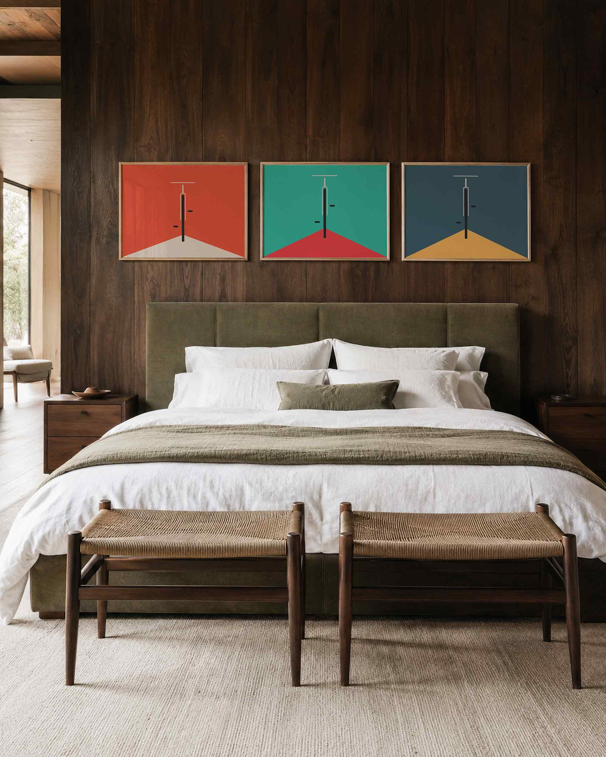 Interieurmockup van drieluik landscape-posterset met grafische hoeklijnen