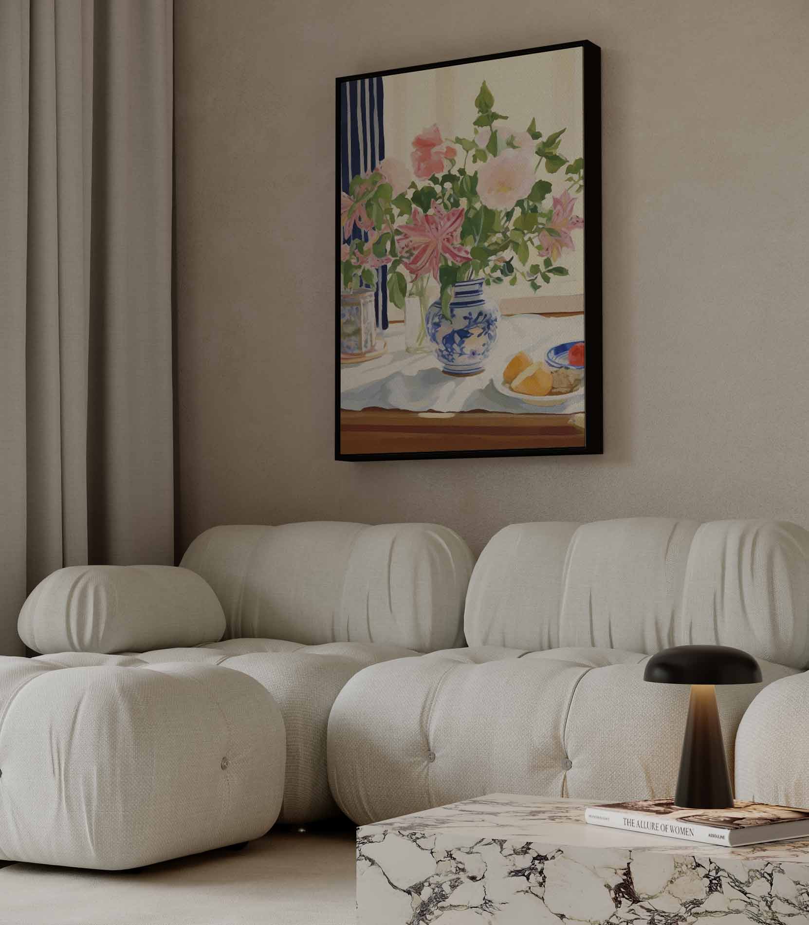 Bloemenpracht in Blauw-Witte Vaas Kunstwerk-canvas-dibond-plexiglas-wanddecoratie-WallArtistic