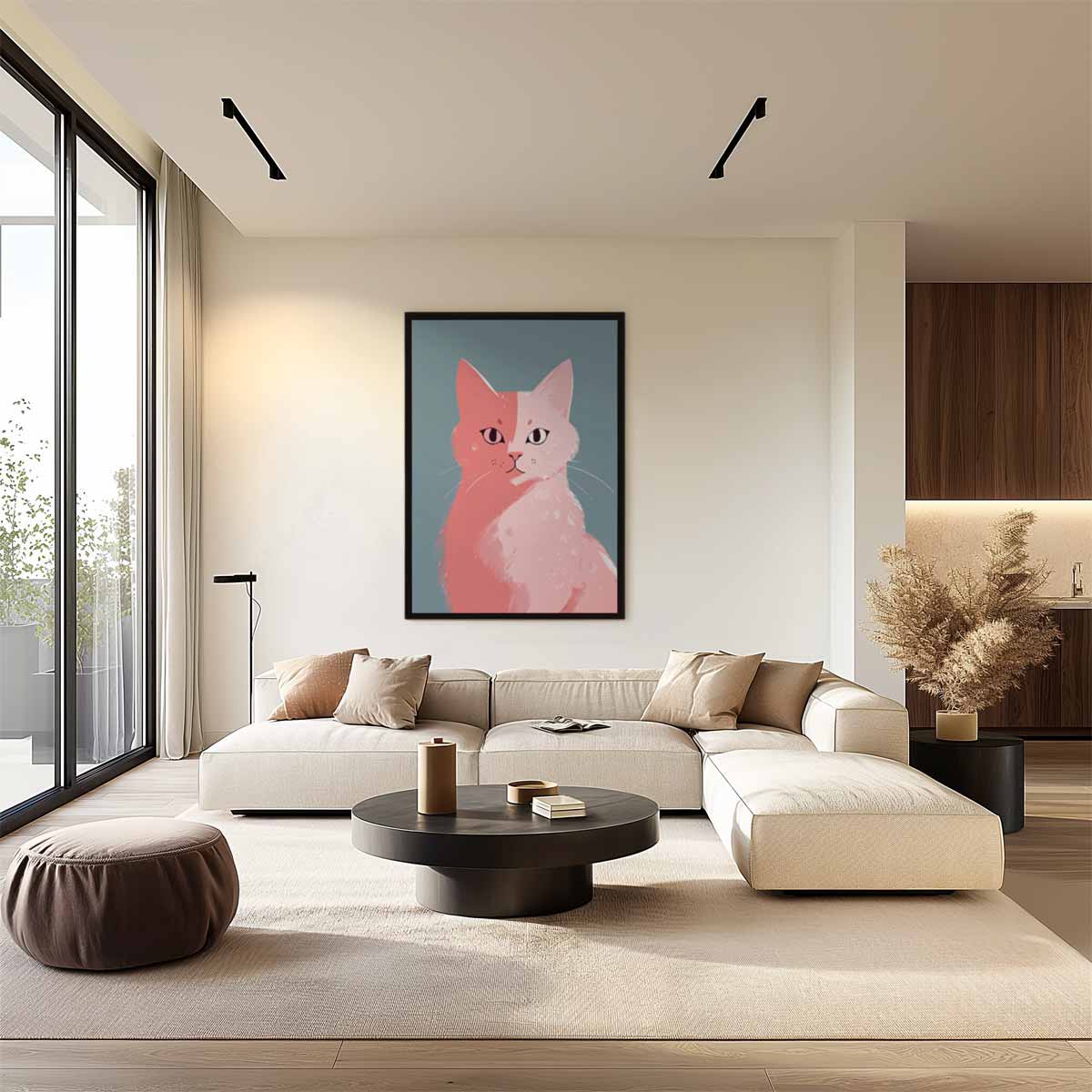 Roze Kat op Blauw Achtergrond Kunstwerk-canvas-dibond-plexiglas-wanddecoratie-WallArtistic