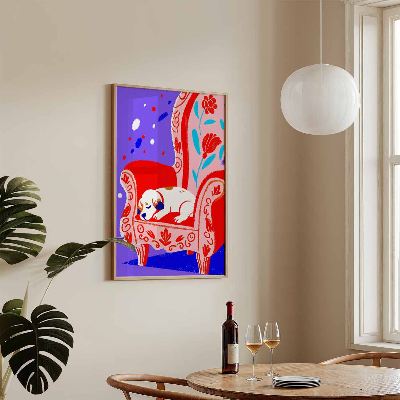 Dromerige Puppy op Bloemrijke Fauteuil Poster