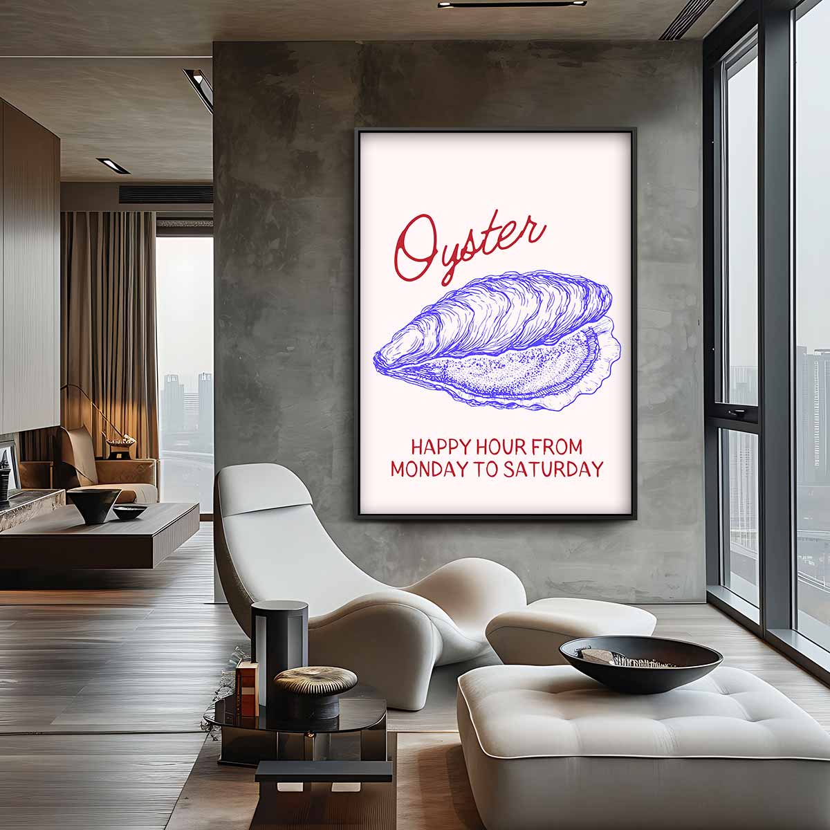 Oester Illustratie met Happy Hour Kunstwerk-canvas-dibond-plexiglas-wanddecoratie-WallArtistic