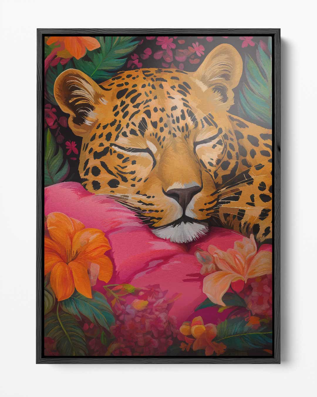 Dromende Luipaard op Roze Kussen Kunstwerk-canvas-dibond-plexiglas-wanddecoratie-WallArtistic