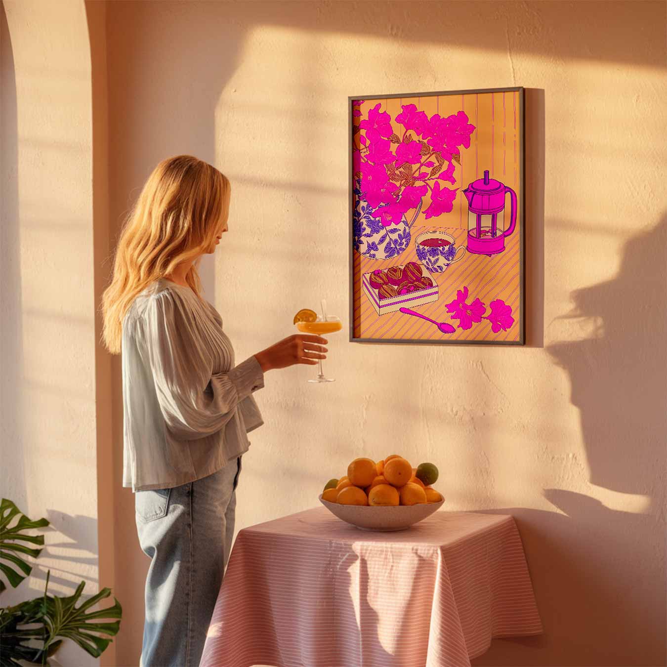 Roze Bloemen en Koffie Moment Poster