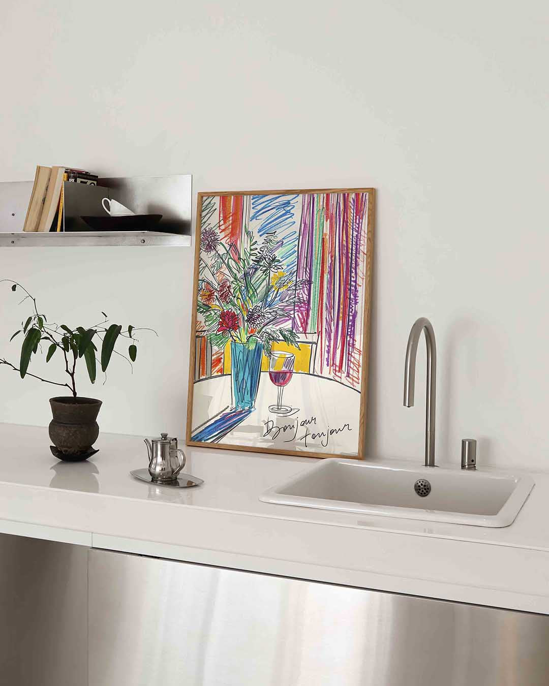 Bloemen in vaas met glas Poster