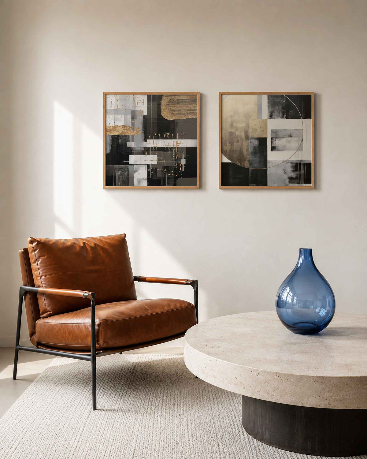Interieurpresentatie van een tweedelige vierkante posterset met zwart goud geometrisch