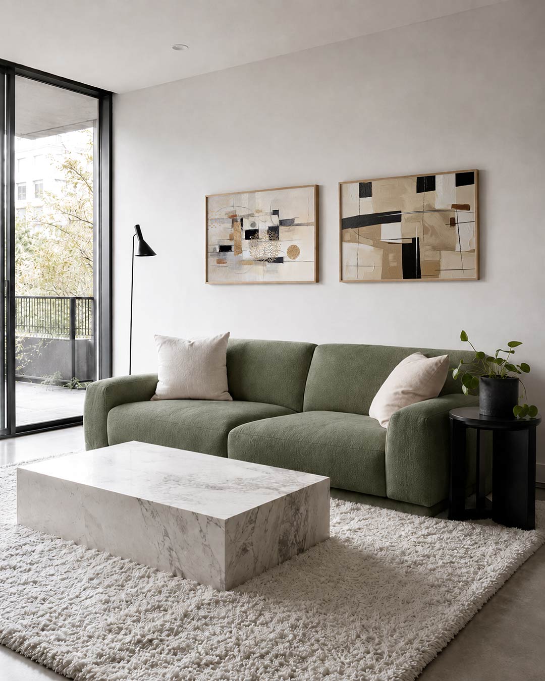 Twee liggende posters met een spel van zwarte en gouden vlakken op een lichte achtergrond, aan de muur in een interieur