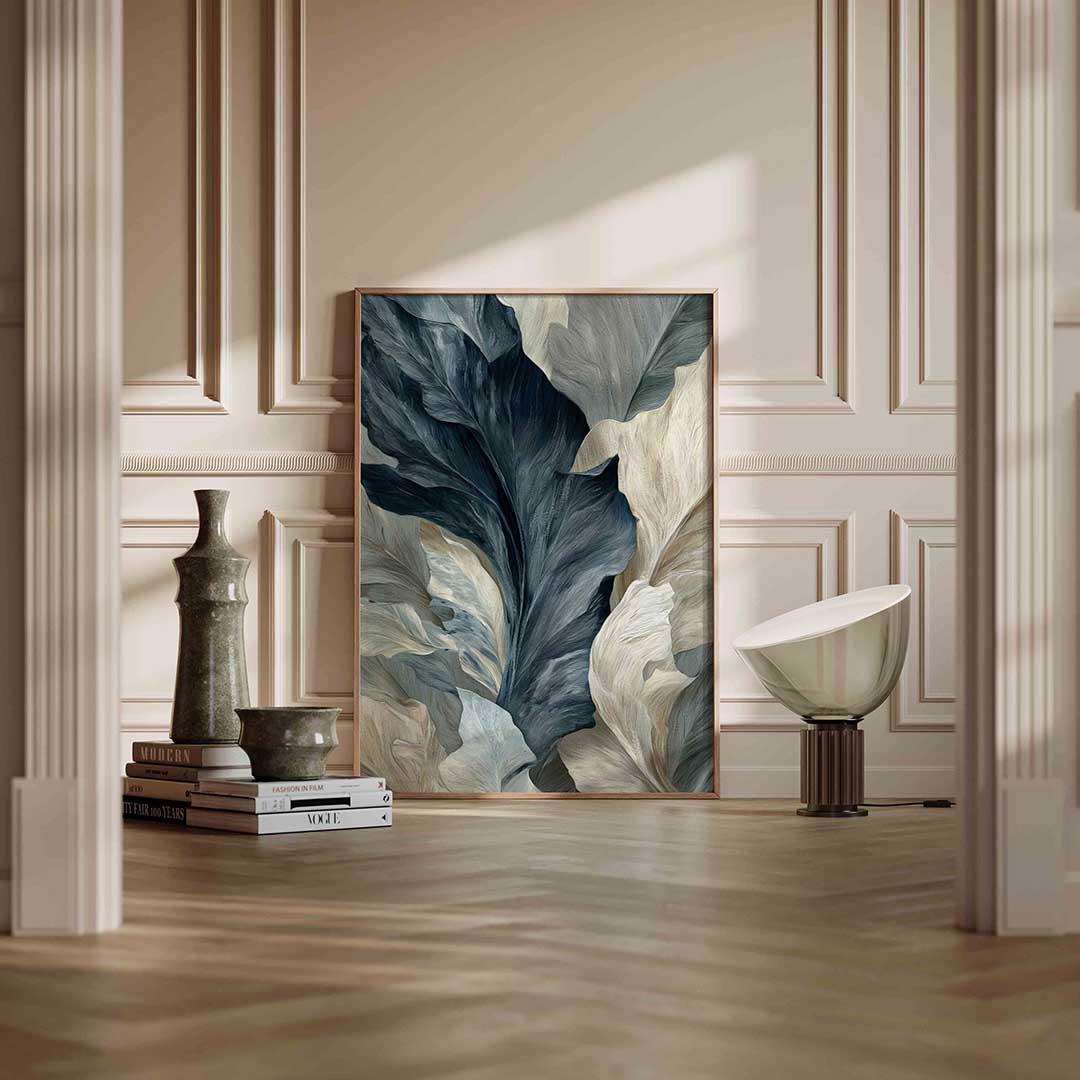 Bladeren in blauw en beige Poster
