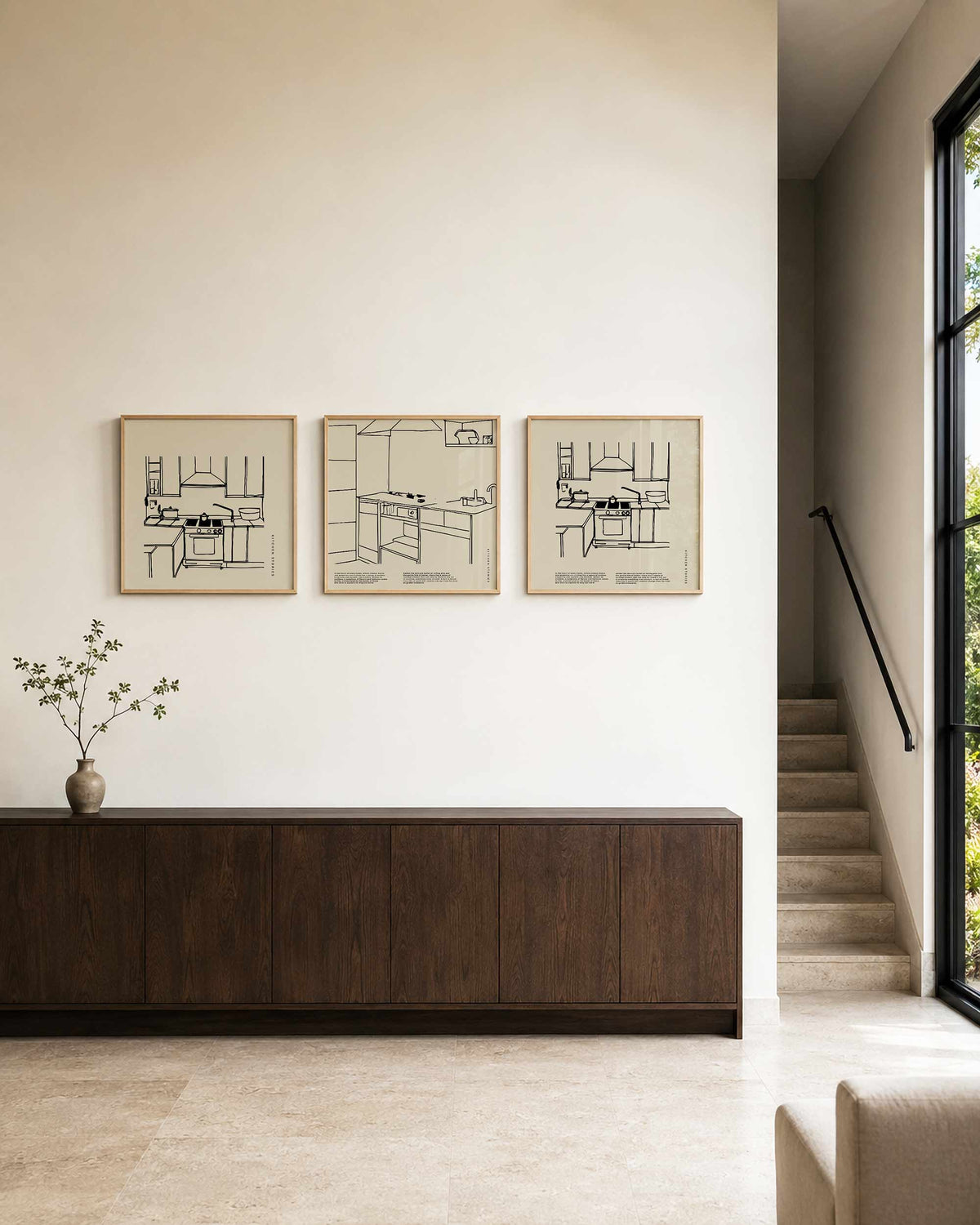 Interieurpresentatie van een driedelige vierkante posterset met keuken illustraties