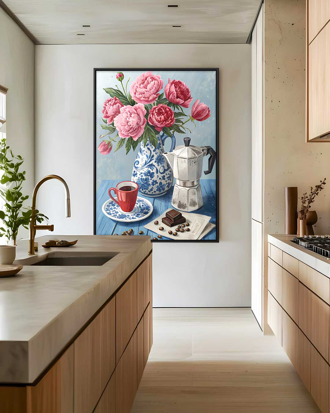 Bloemen en Koffie Stilleven Kunstwerk-canvas-dibond-plexiglas-wanddecoratie-WallArtistic