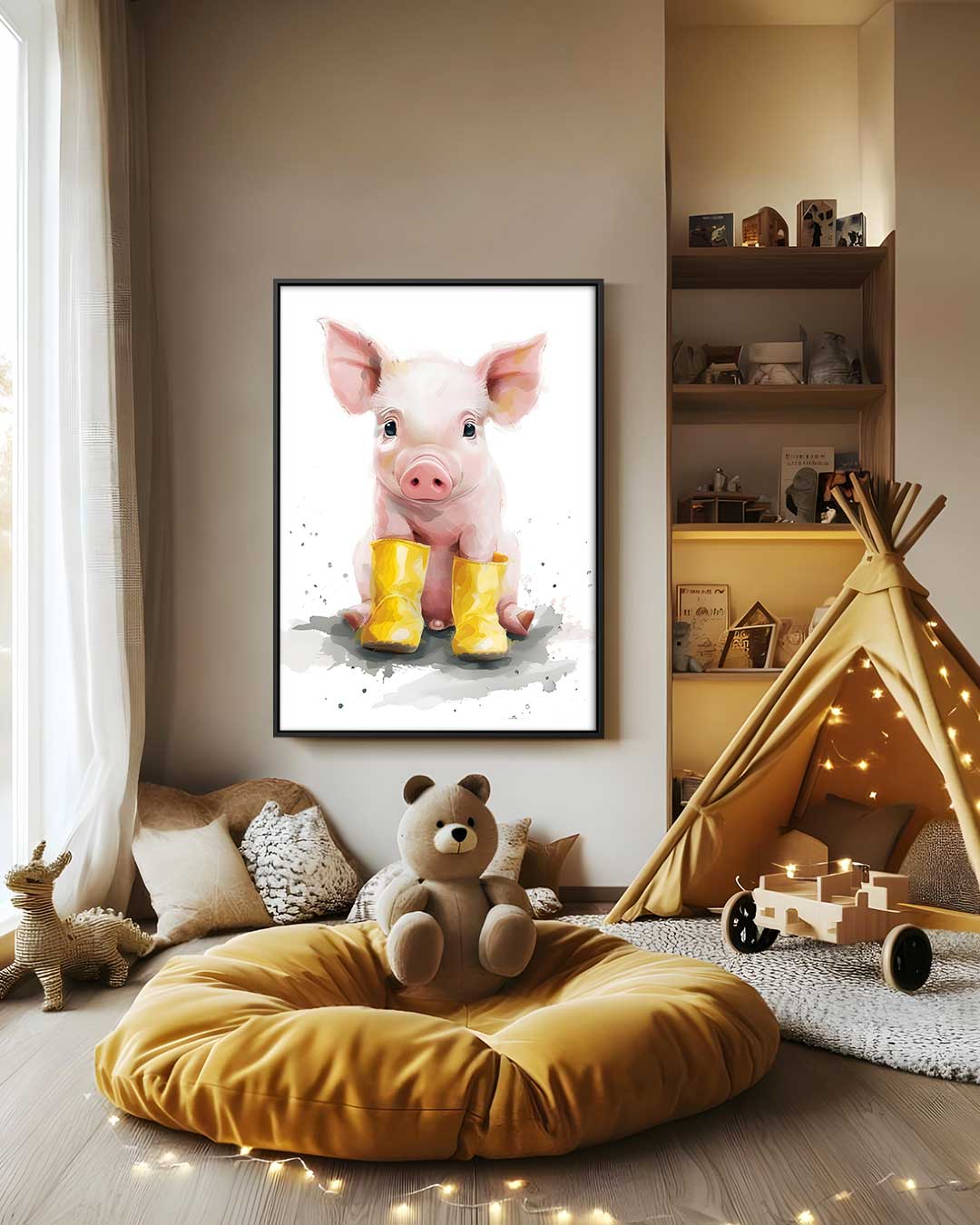 Vrolijk Biggetje in Gele Regenlaarsjes Kunstwerk-canvas-dibond-plexiglas-wanddecoratie-WallArtistic