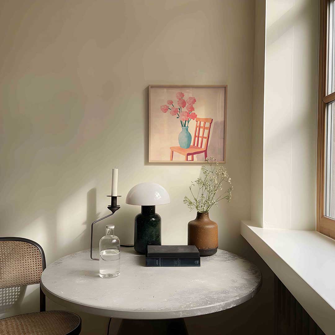 Bloemen in vaas op stoel Poster