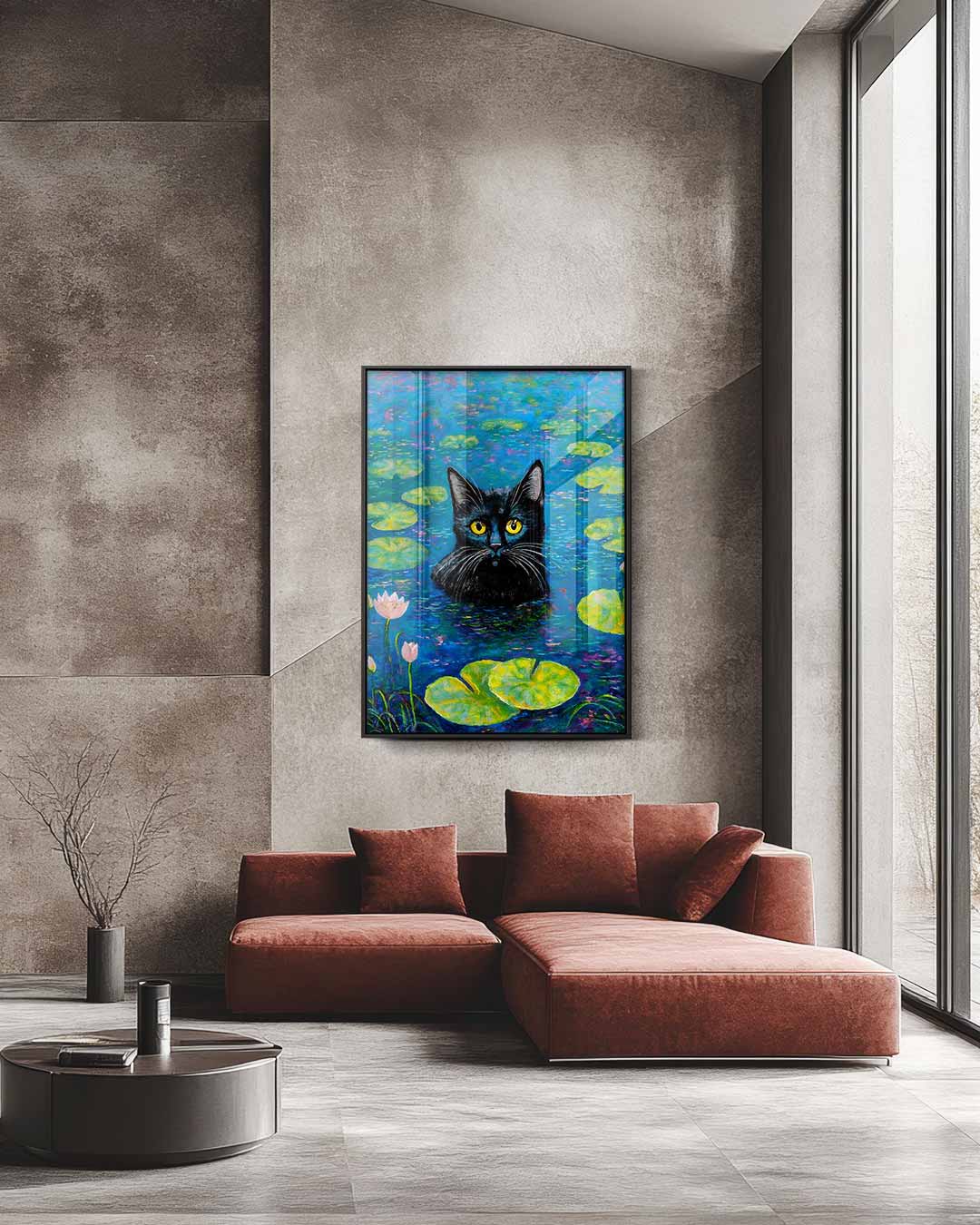 Kat in de Waterlelies Kunstwerk-canvas-dibond-plexiglas-wanddecoratie-WallArtistic