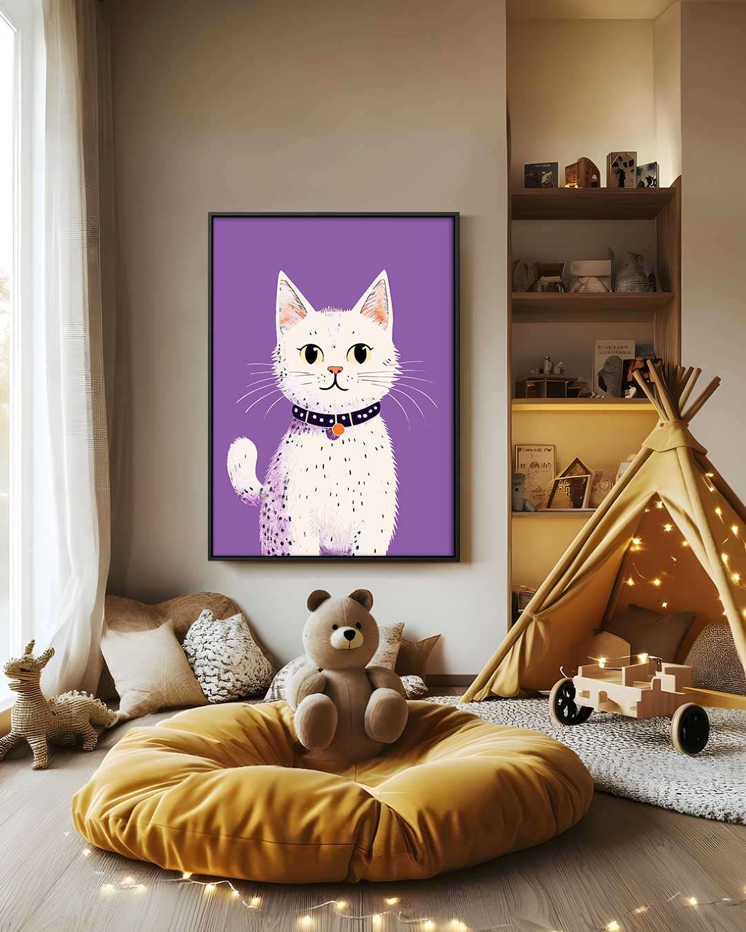 Speelse Kat Illustratie Kunstwerk-canvas-dibond-plexiglas-wanddecoratie-WallArtistic