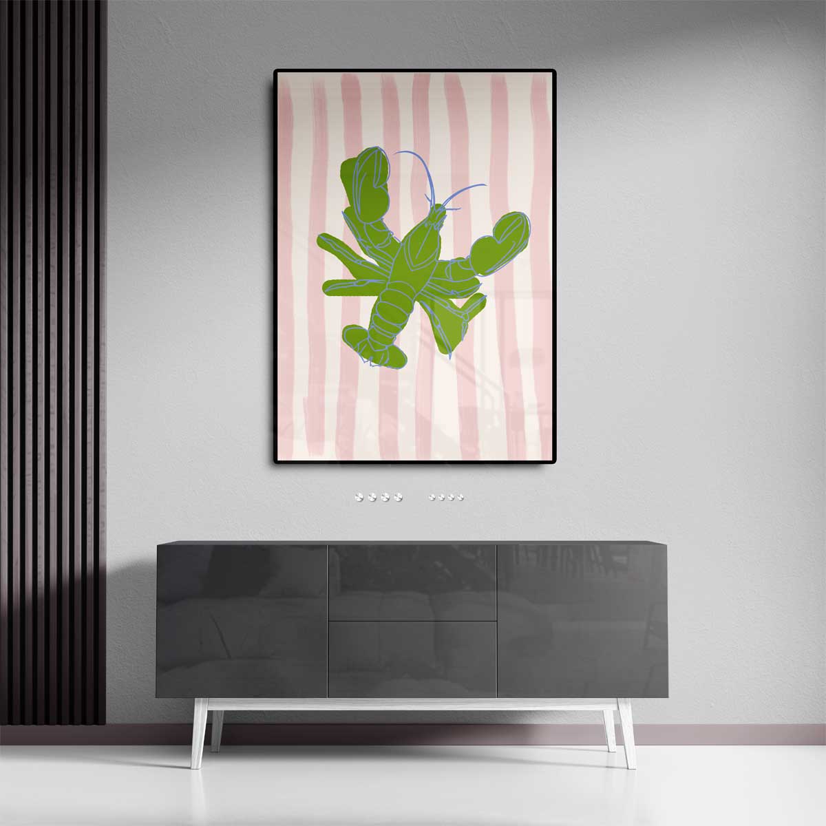 Groene Kreeft op Strepen Kunstwerk-canvas-dibond-plexiglas-wanddecoratie-WallArtistic