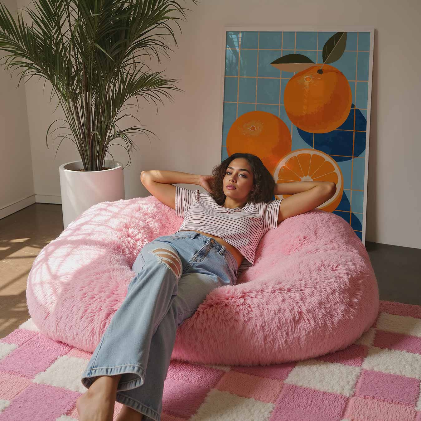 Zonnige Sinaasappels op Blauwe Tegels Poster-WallArtistic