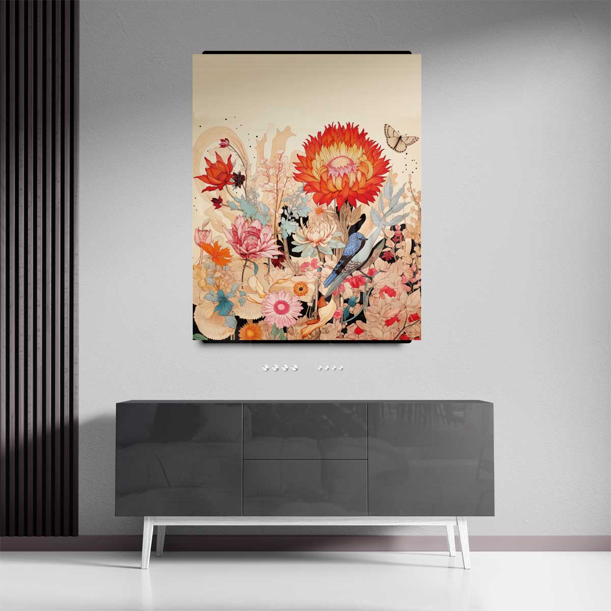 Vrolijke Bloemnatuur met Blauwe Vogel Kunstwerk-canvas-dibond-plexiglas-wanddecoratie-WallArtistic