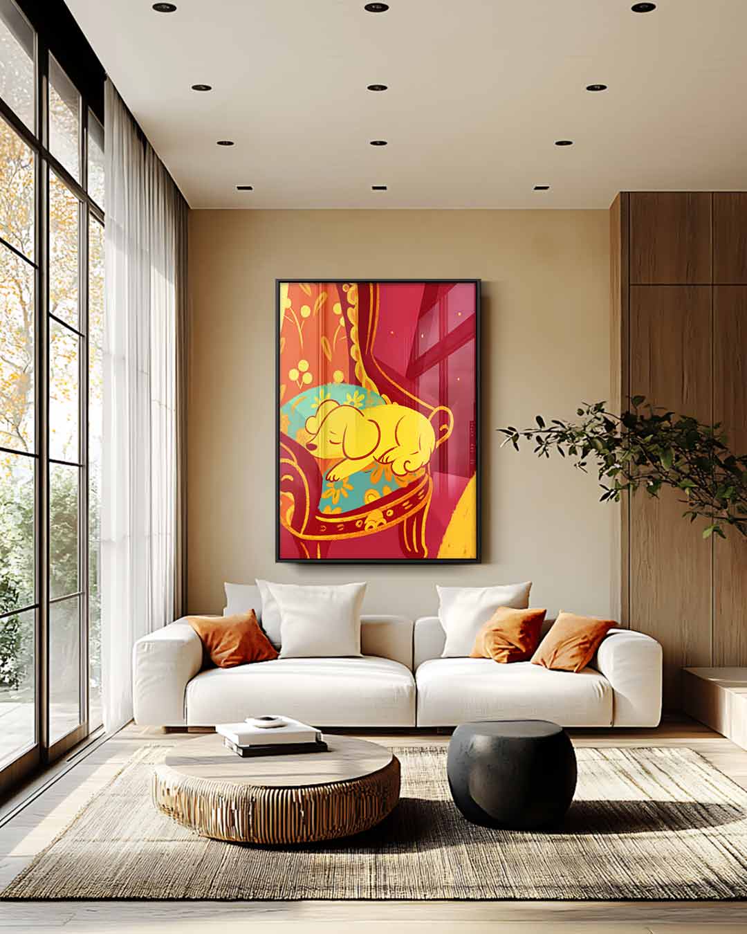 Slapende Puppy op Bloemenstoel Kunstwerk-canvas-dibond-plexiglas-wanddecoratie-WallArtistic