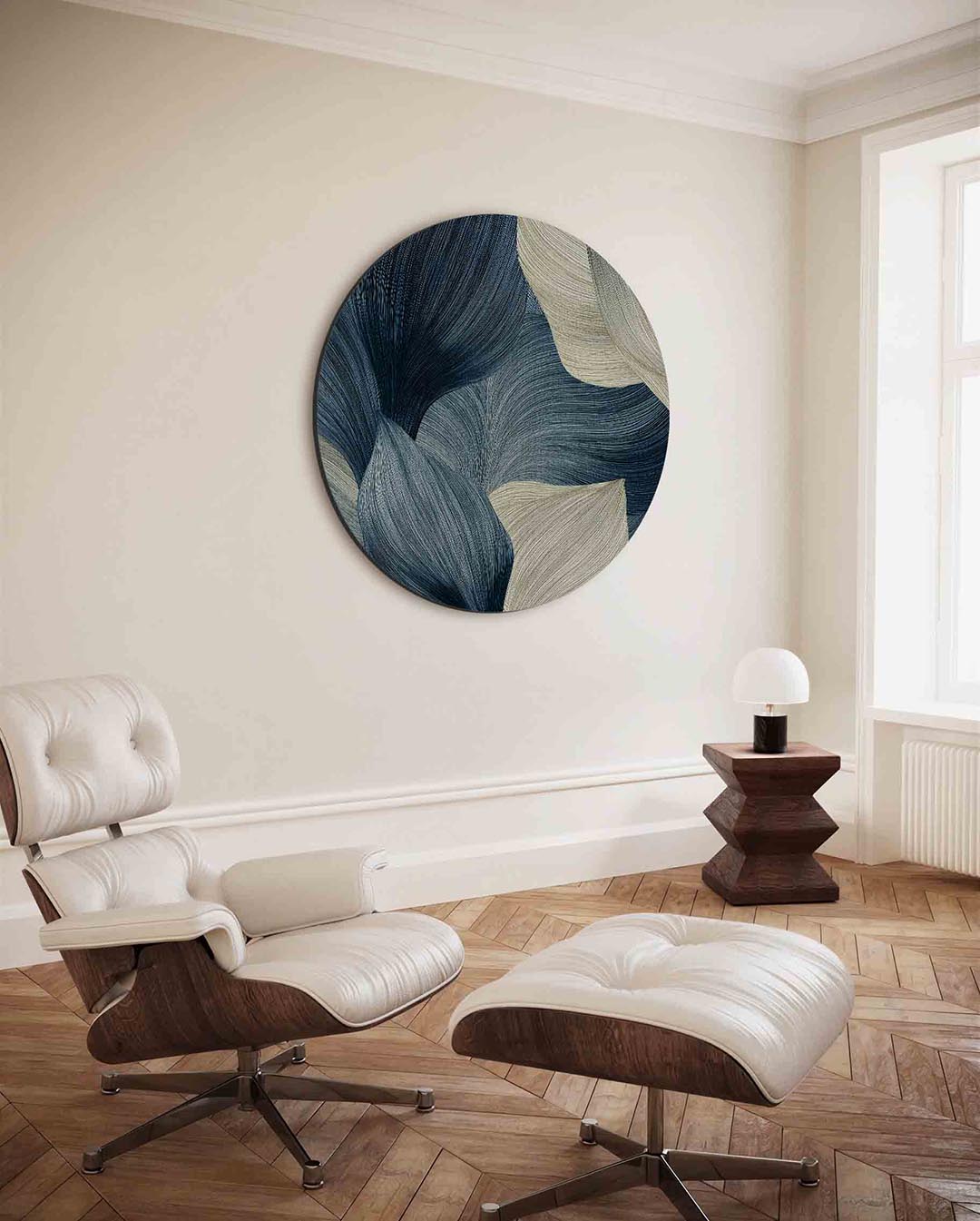 Bladmotief in blauw en beige Muurcirkel