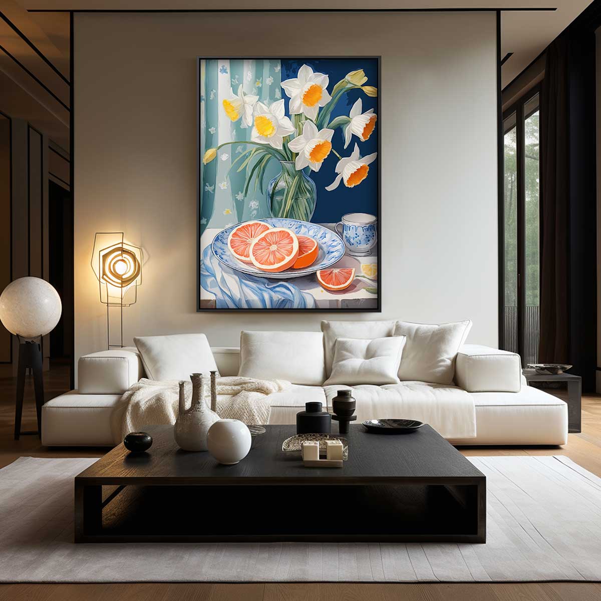 Lente Stilleven met Narcissen en Grapefruit Kunstwerk-canvas-dibond-plexiglas-wanddecoratie-WallArtistic
