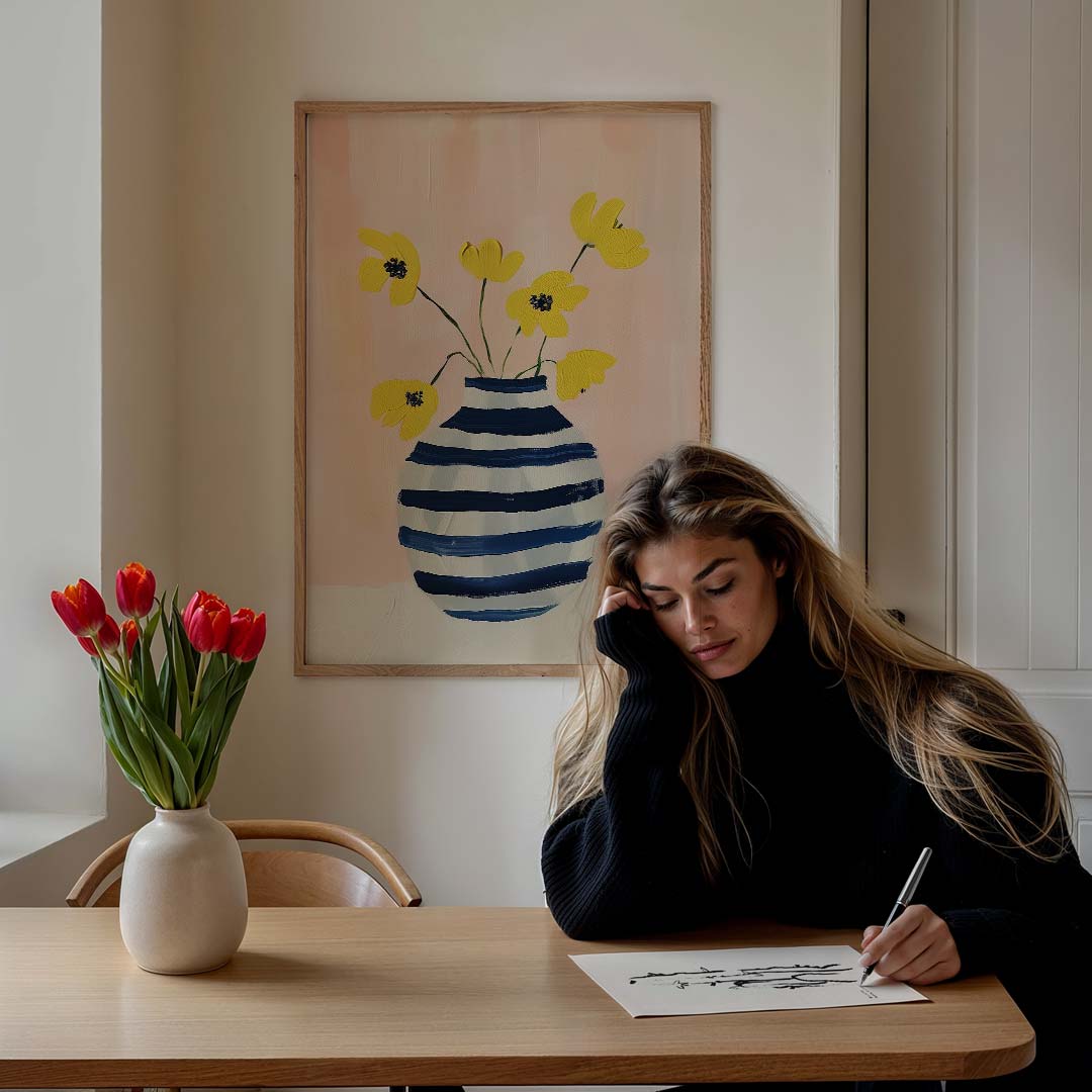 Vrolijke Bloemen in Gestreepte Vaas Poster-WallArtistic