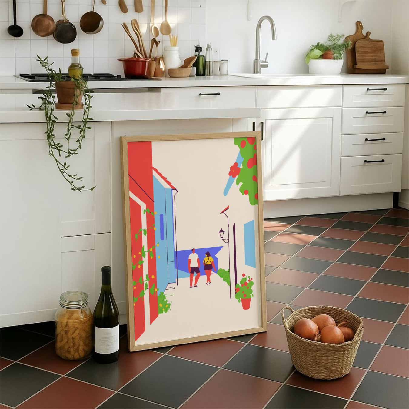 Zomerse Straatwandeling Illustratie Poster-WallArtistic